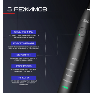 Електрична щітка звукова 5 насадок + 5 режимів + кейс для зберігання Seago Sonic SG575 для дорослих. Photo 3 Електрична щітка звукова 5 насадок + 5 режимів + кейс для зберігання Seago Sonic SG575 для дорослих. Photo 3