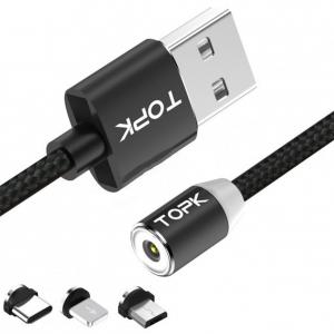 Магнитный кабель для зарядки Topk USB 1m 2.4A 360° (TK17i-VER2) MicroUSB Type-C Lightning Black универсальный